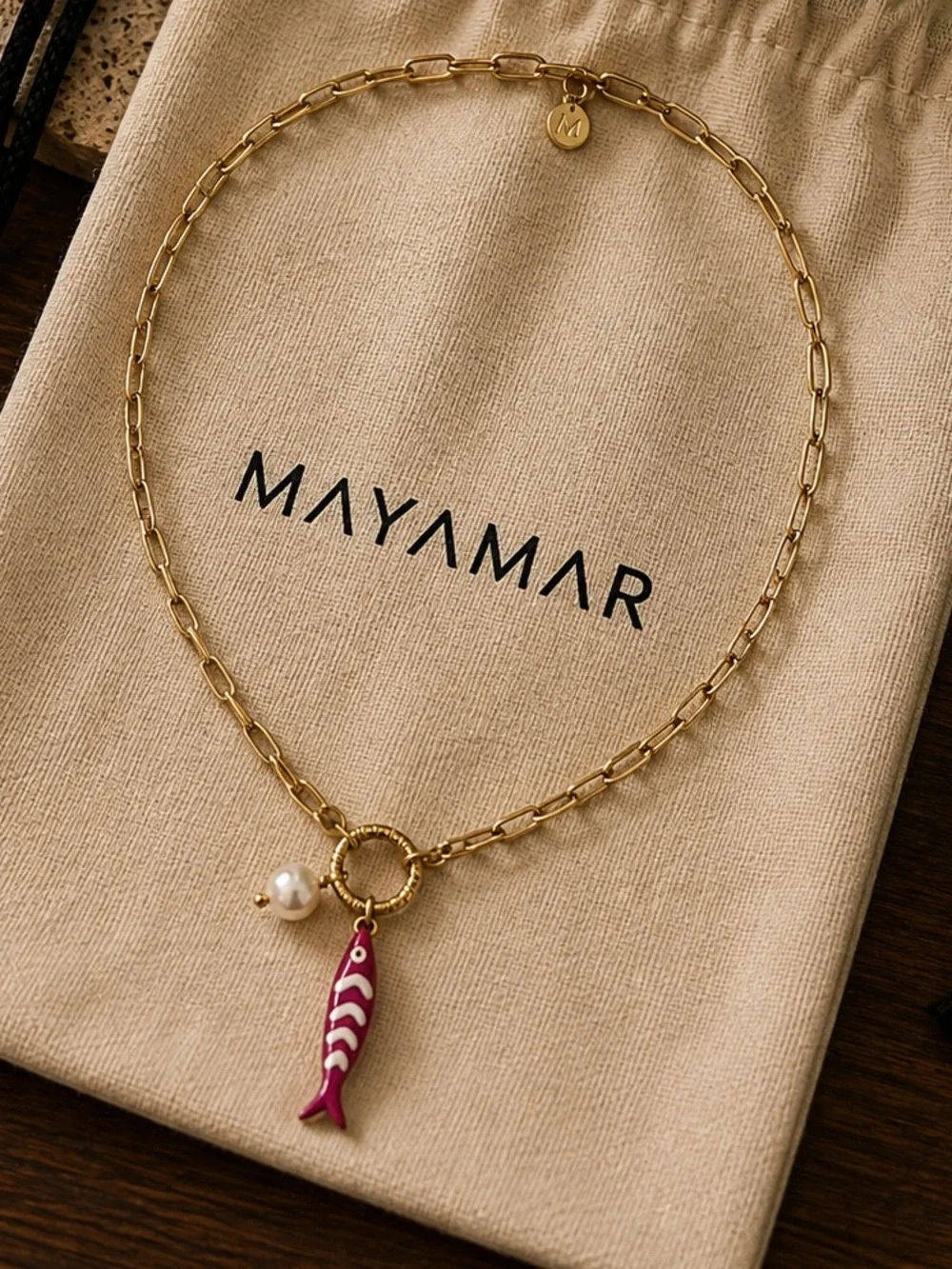 New mayamar Gold plated Chain Necklace with Pink Fish Charm and pearl